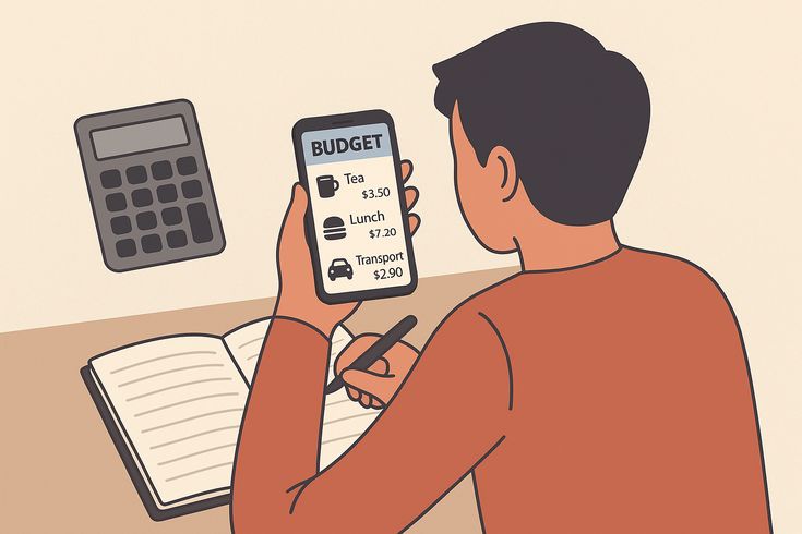 Young professional checking salary and savings on phone, realizing spending has crept up