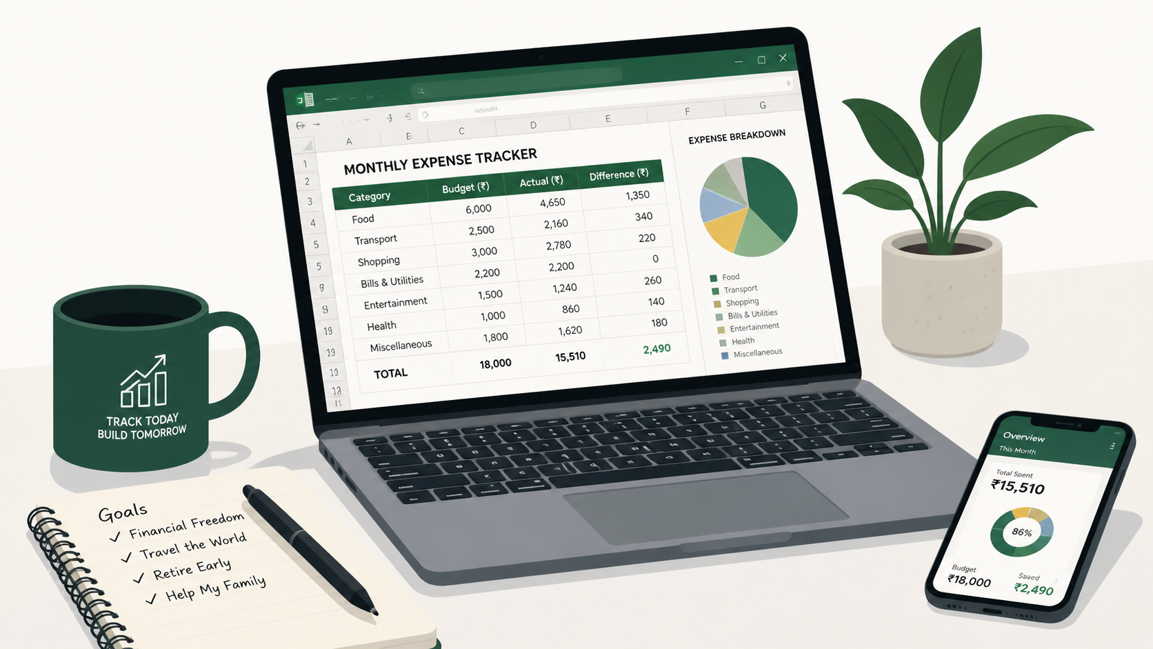 A personal Excel expense tracker spreadsheet showing income, expense categories, investment tracking, and net worth for a young Indian professional