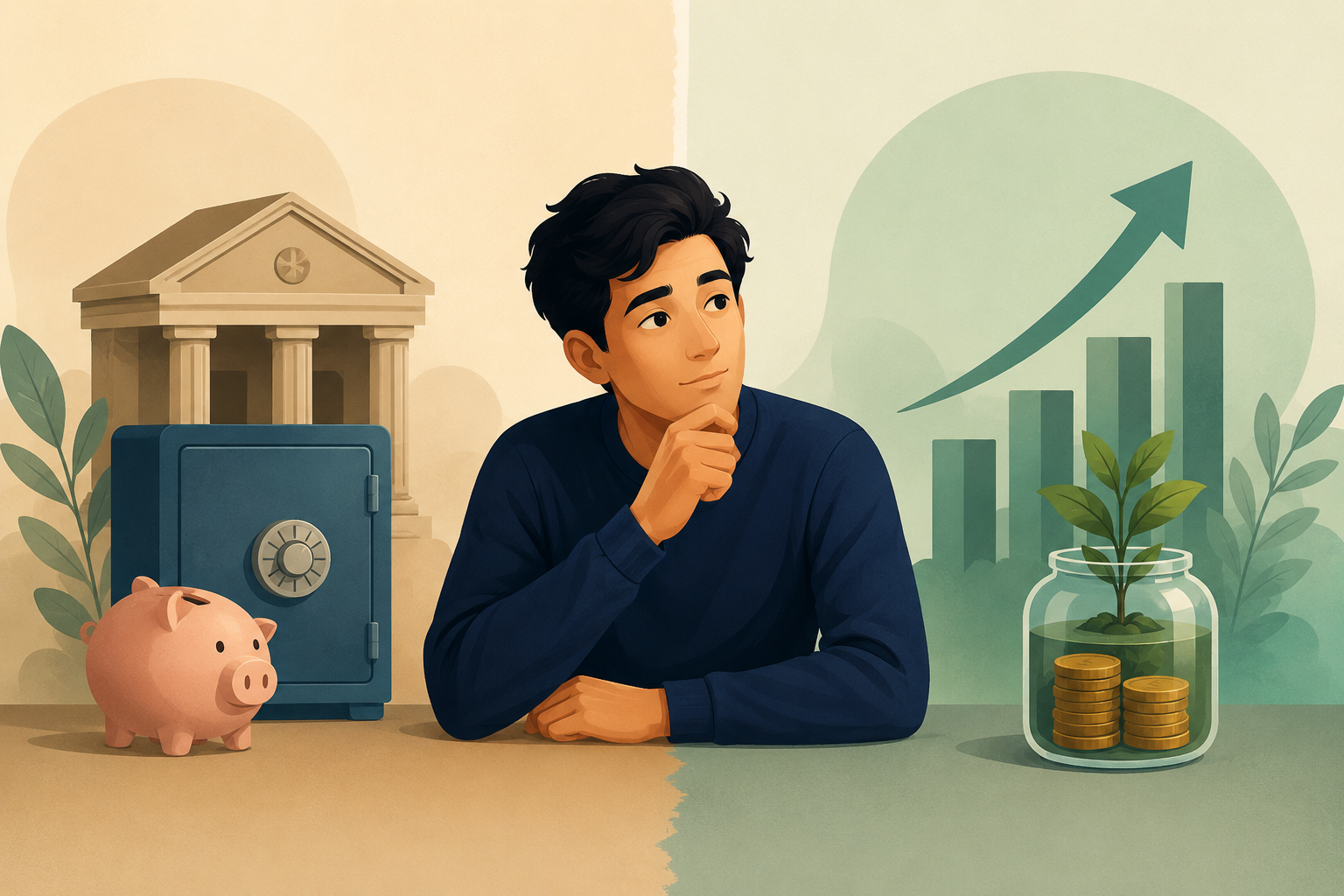 A split illustration showing a savings account on one side and a liquid mutual fund on the other, representing two ways to store an emergency buffer