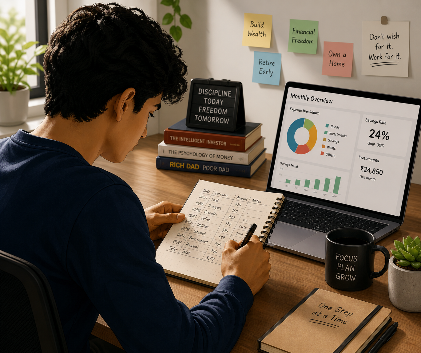Young Indian professional reviewing a budget sheet while allocating money into investments, future house goal and savings.