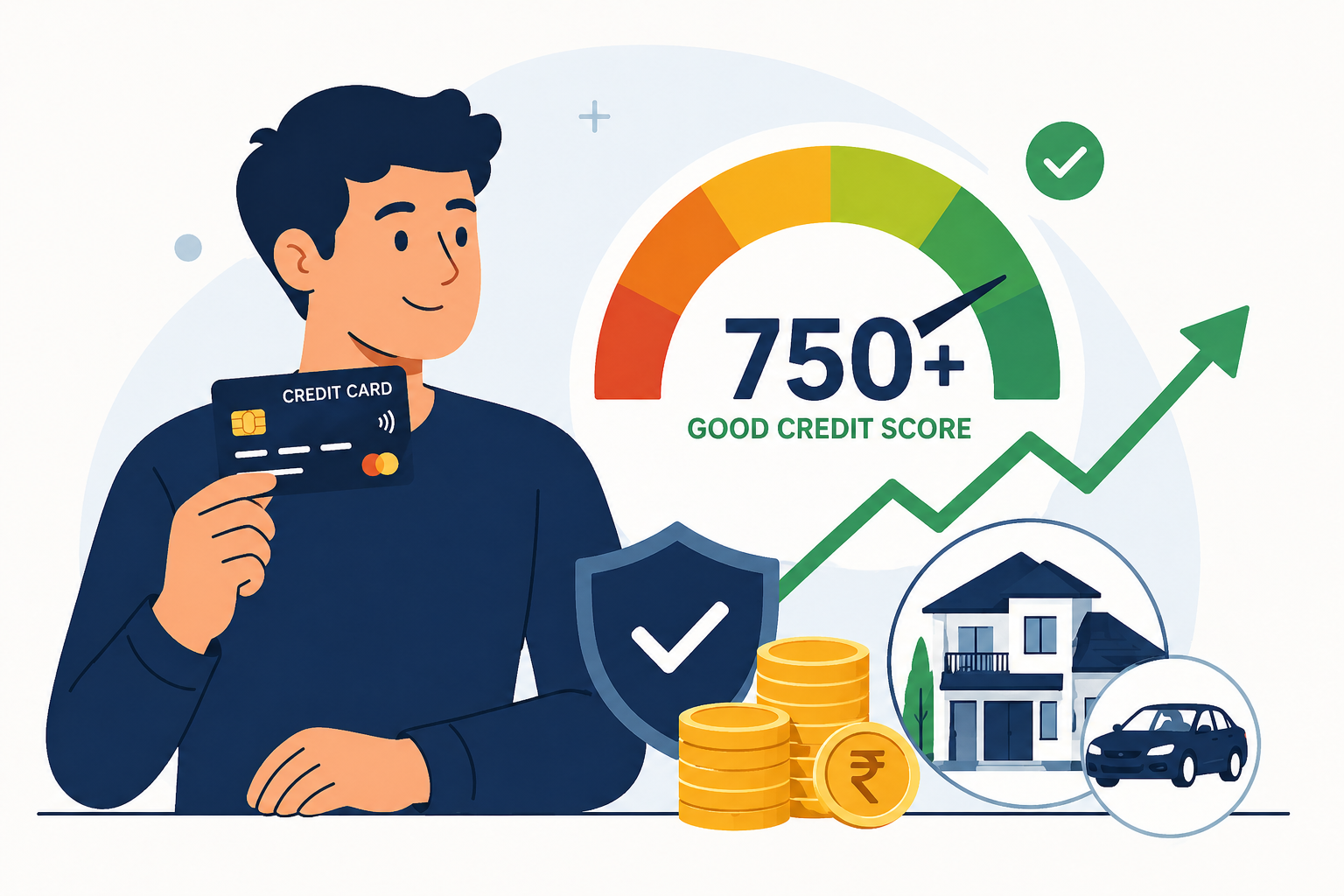 Young professional holding a credit card with an upward graph representing credit score growth