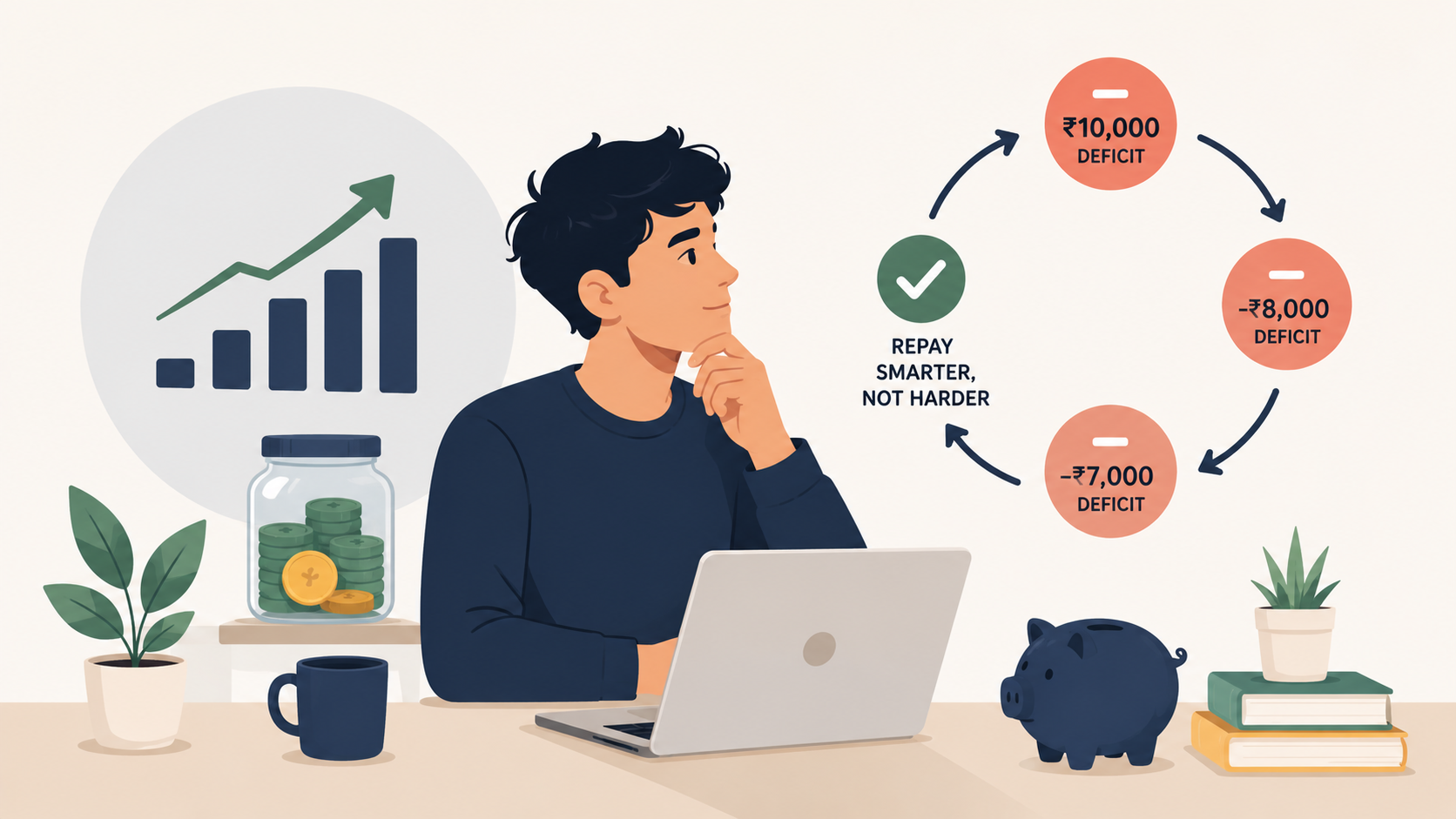 Young professional reviewing monthly cash flow with investment tracker and savings account