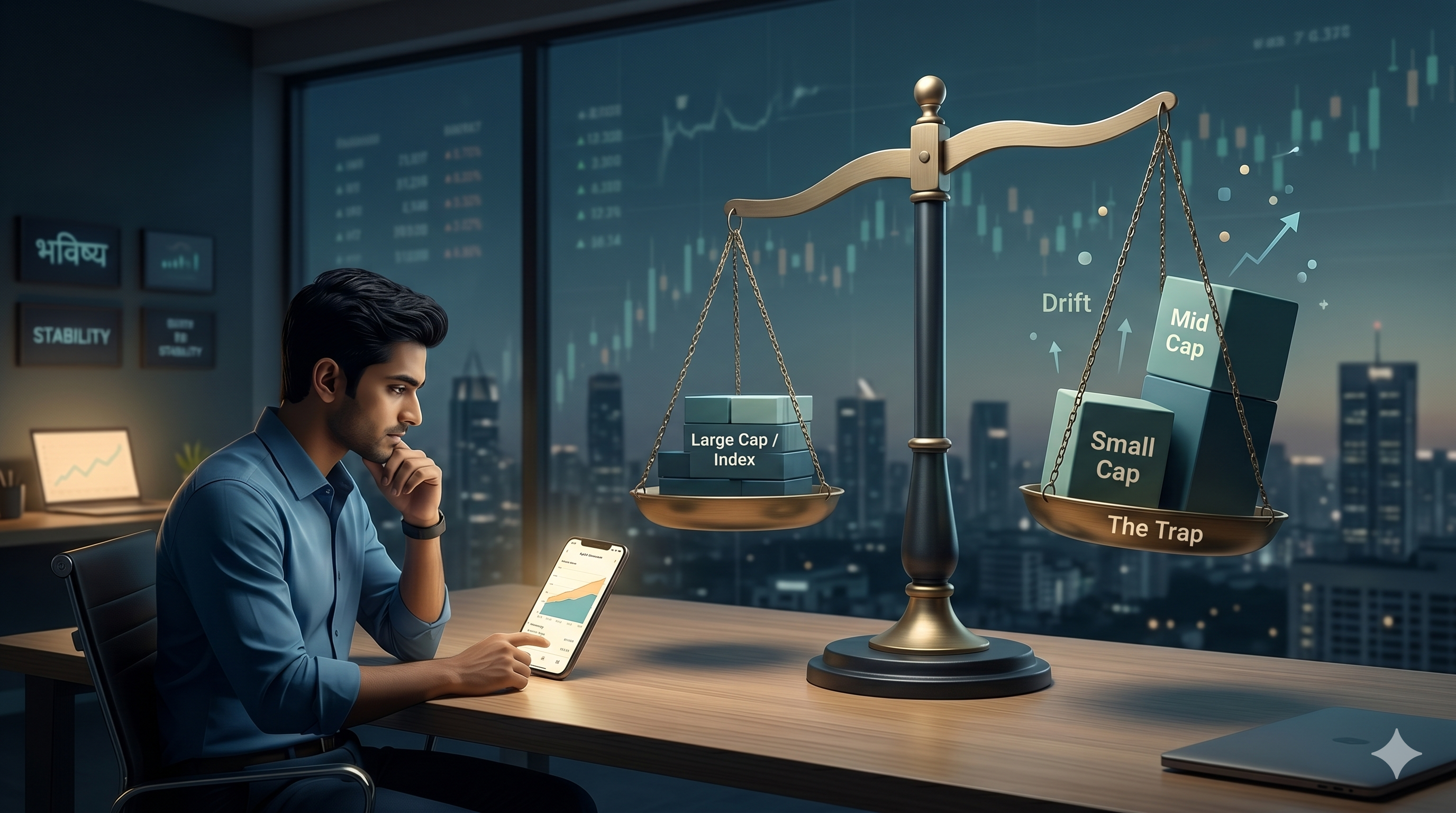 A young investor looking at a mutual fund portfolio on a phone, noticing the allocation has shifted away from the original plan